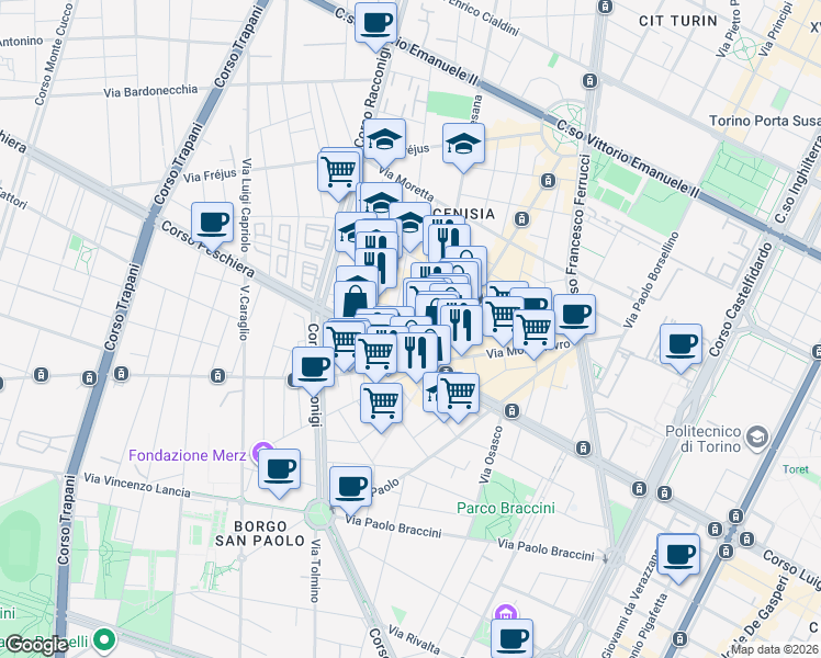 map of restaurants, bars, coffee shops, grocery stores, and more near 66 Via Perosa in Turin