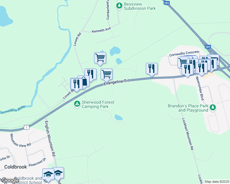 map of restaurants, bars, coffee shops, grocery stores, and more near 15 Carriage Oak Place in Coldbrook