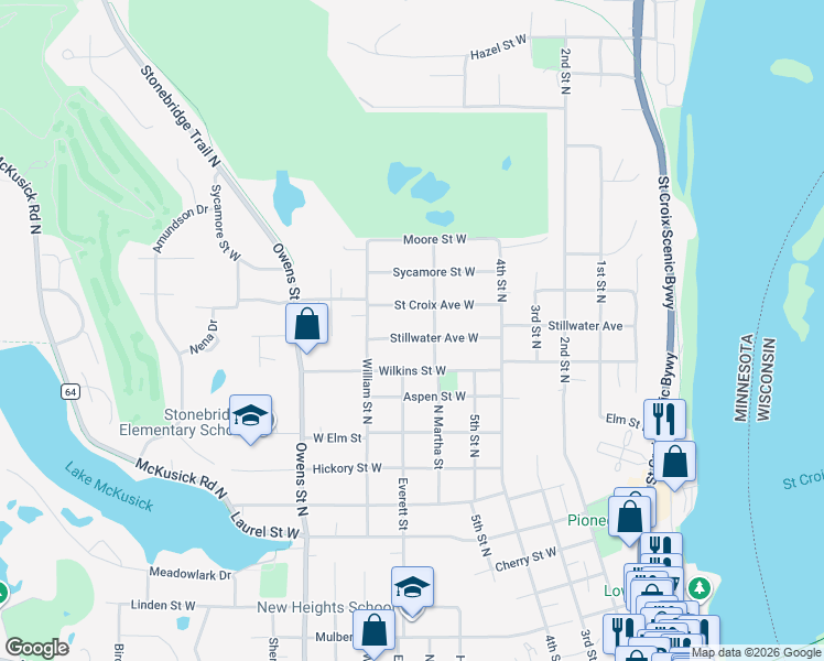 map of restaurants, bars, coffee shops, grocery stores, and more near 1214 Martha Street in Stillwater