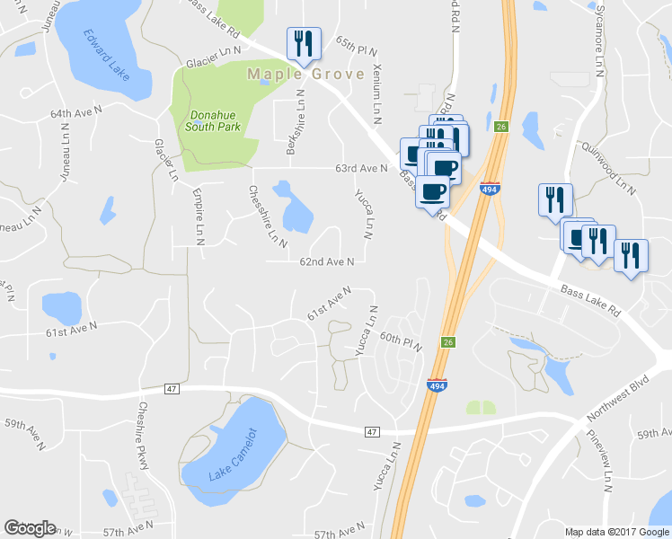 map of restaurants, bars, coffee shops, grocery stores, and more near 13733 62nd Avenue North in Osseo