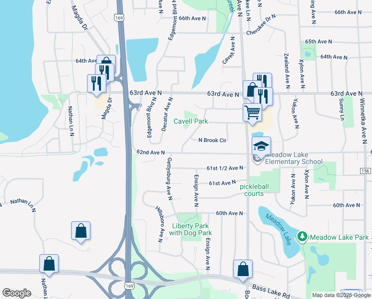 map of restaurants, bars, coffee shops, grocery stores, and more near 8888 62nd Avenue North in Minneapolis