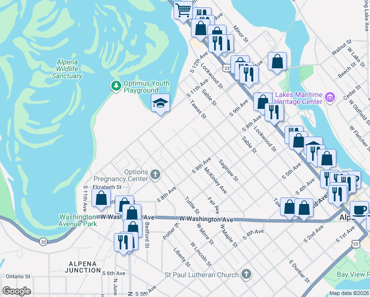 map of restaurants, bars, coffee shops, grocery stores, and more near 514 South 9th Avenue in Alpena
