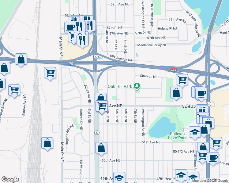 map of restaurants, bars, coffee shops, grocery stores, and more near 5370 5th Street Northeast in Fridley