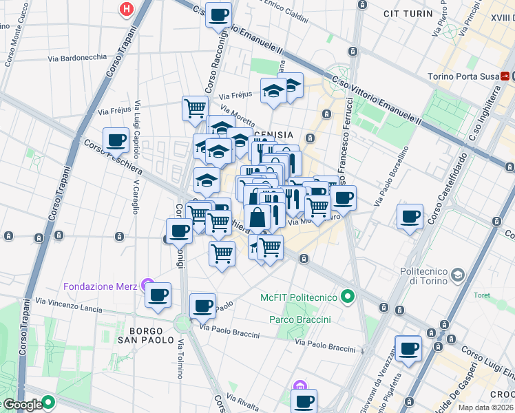 map of restaurants, bars, coffee shops, grocery stores, and more near 81 Via Dante di Nanni in Turin