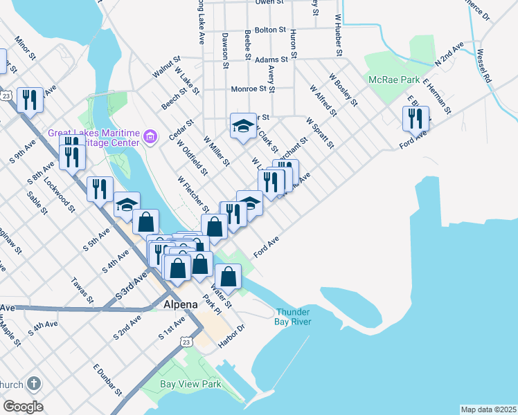 map of restaurants, bars, coffee shops, grocery stores, and more near 132 West Miller Street in Alpena