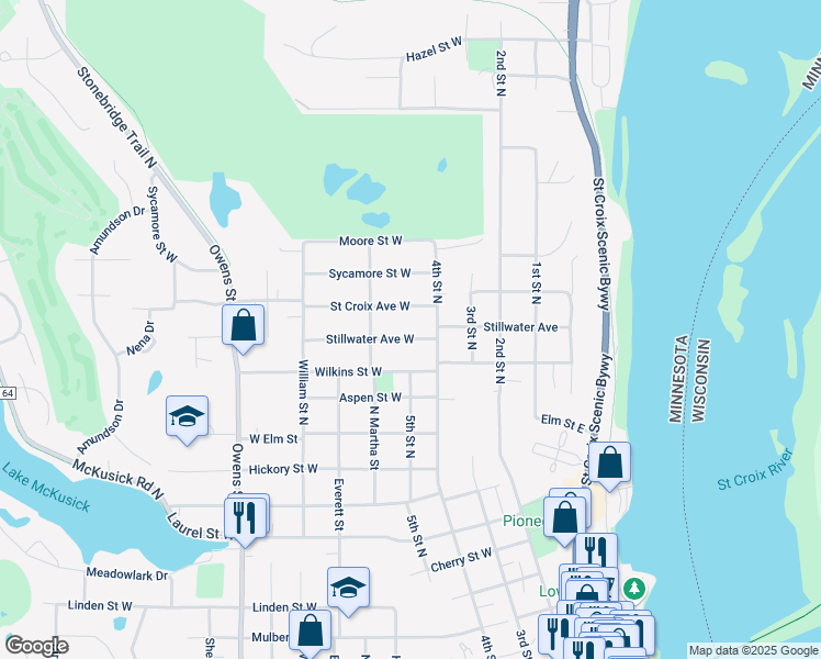 map of restaurants, bars, coffee shops, grocery stores, and more near 224 Stillwater Avenue West in Stillwater
