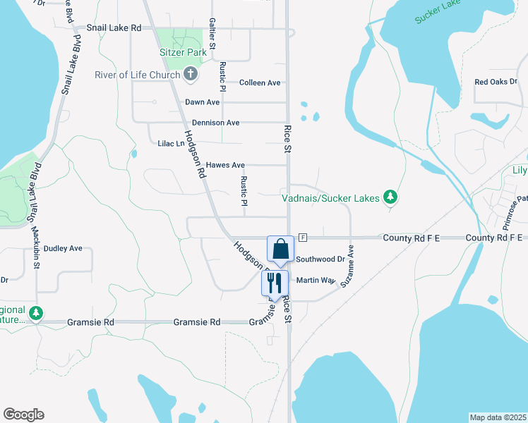 map of restaurants, bars, coffee shops, grocery stores, and more near 177 Demar Avenue in Shoreview
