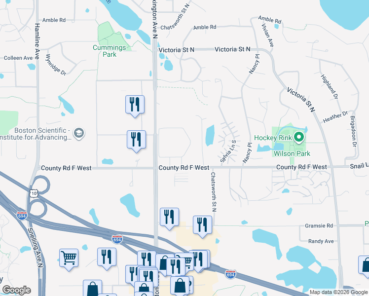 map of restaurants, bars, coffee shops, grocery stores, and more near 4121 Oxford Street North in Saint Paul