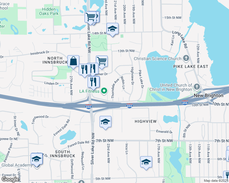 map of restaurants, bars, coffee shops, grocery stores, and more near 1010 Robin Court in New Brighton