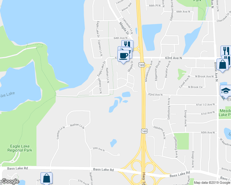 map of restaurants, bars, coffee shops, grocery stores, and more near 6206 Magda Drive in Maple Grove