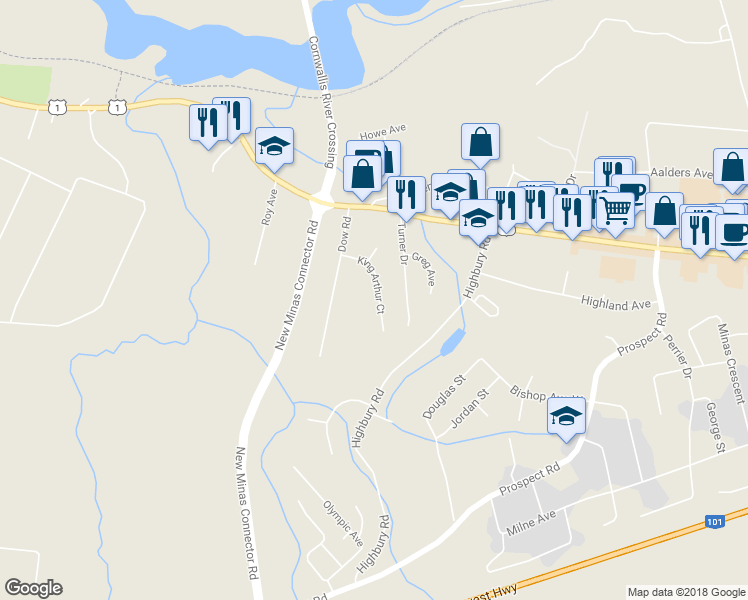 map of restaurants, bars, coffee shops, grocery stores, and more near 46 King Arthur Court in Kings County