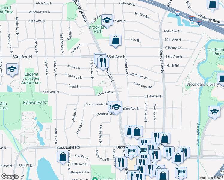 map of restaurants, bars, coffee shops, grocery stores, and more near 6107 Brooklyn Boulevard in Minneapolis