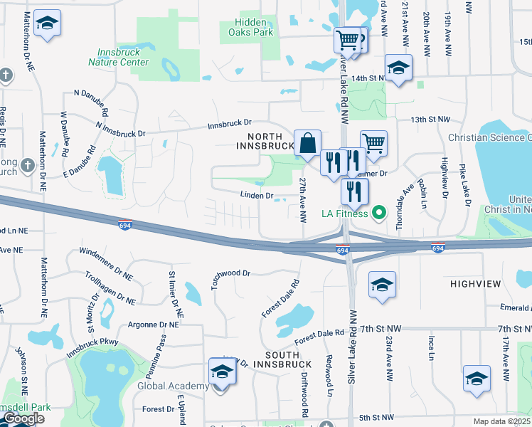 map of restaurants, bars, coffee shops, grocery stores, and more near 1101 Black Oak Drive in New Brighton