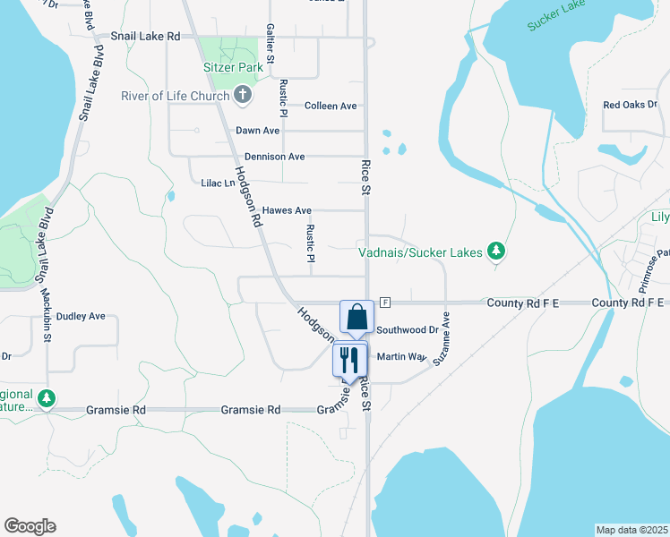 map of restaurants, bars, coffee shops, grocery stores, and more near 177 Demar Avenue in Shoreview