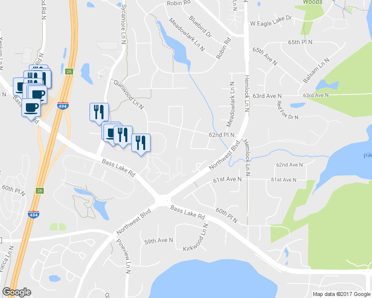 map of restaurants, bars, coffee shops, grocery stores, and more near 6207 Larch Lane North in Maple Grove