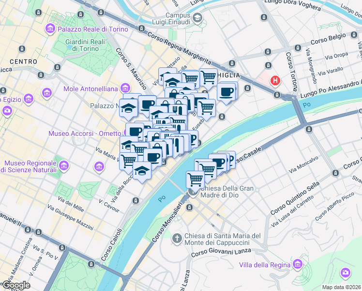 map of restaurants, bars, coffee shops, grocery stores, and more near 10/E Via Eusebio Bava in Torino