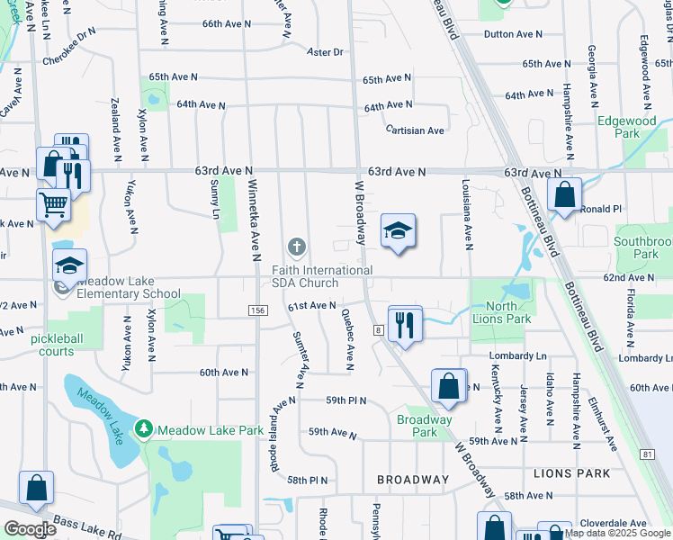 map of restaurants, bars, coffee shops, grocery stores, and more near 7520 62nd Avenue North in Minneapolis