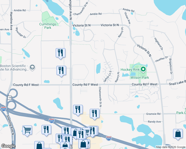 map of restaurants, bars, coffee shops, grocery stores, and more near 4121 Oxford Street North in Saint Paul
