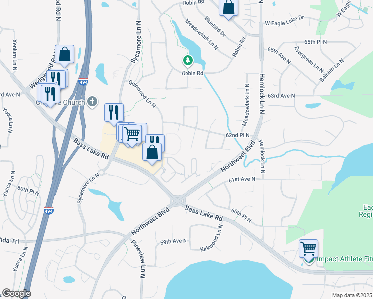 map of restaurants, bars, coffee shops, grocery stores, and more near 6207 Magnolia Lane North in Maple Grove