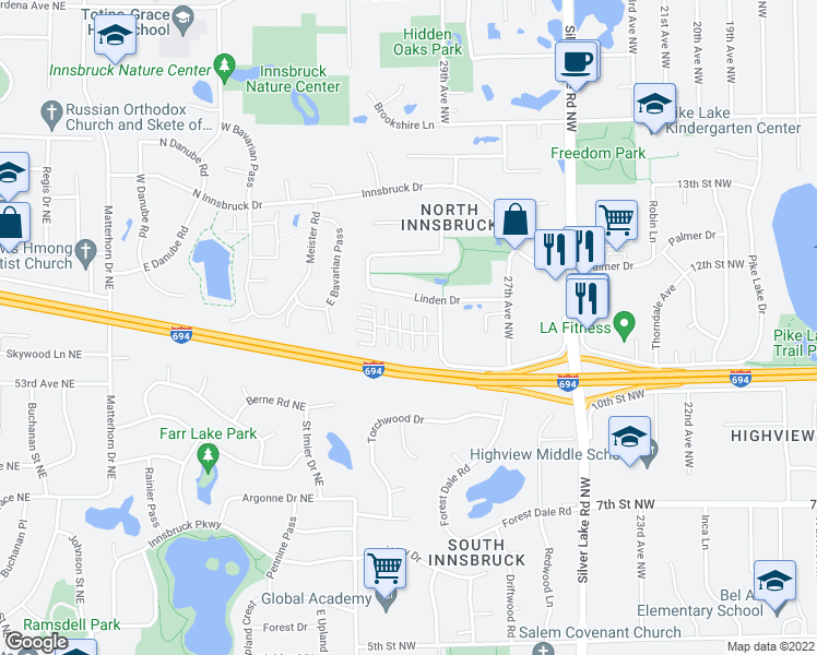 map of restaurants, bars, coffee shops, grocery stores, and more near 1212 Pecks Woods Drive in New Brighton