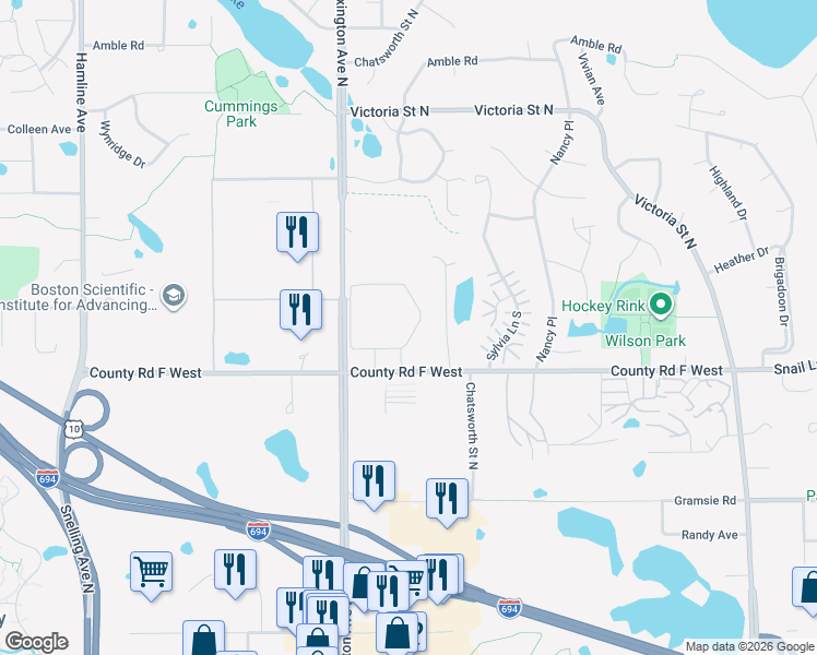 map of restaurants, bars, coffee shops, grocery stores, and more near 4121 Oxford Street North in Saint Paul