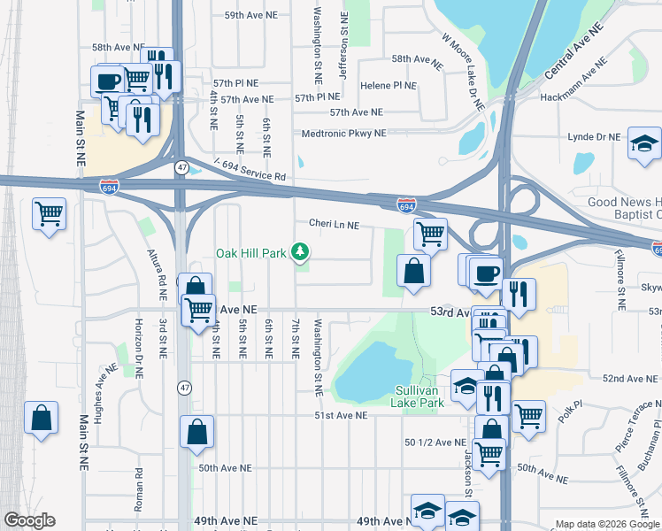 map of restaurants, bars, coffee shops, grocery stores, and more near 540 54th Avenue Northeast in Fridley