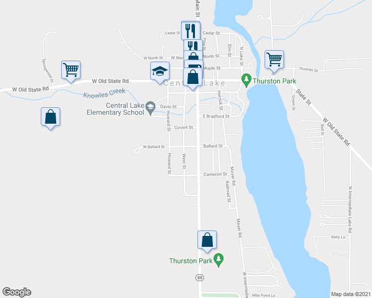 map of restaurants, bars, coffee shops, grocery stores, and more near 8055 Ballard Street in Central Lake