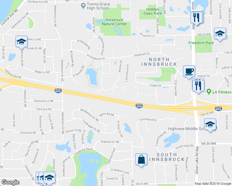 map of restaurants, bars, coffee shops, grocery stores, and more near 5407 West Brenner Pass in Fridley