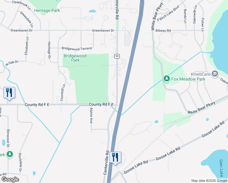 map of restaurants, bars, coffee shops, grocery stores, and more near 4145 Centerville Road in Vadnais Heights