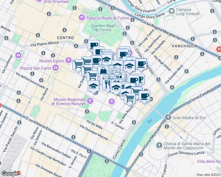 map of restaurants, bars, coffee shops, grocery stores, and more near 12 Via San Massimo in Turin