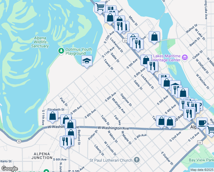 map of restaurants, bars, coffee shops, grocery stores, and more near 514 South 9th Avenue in Alpena