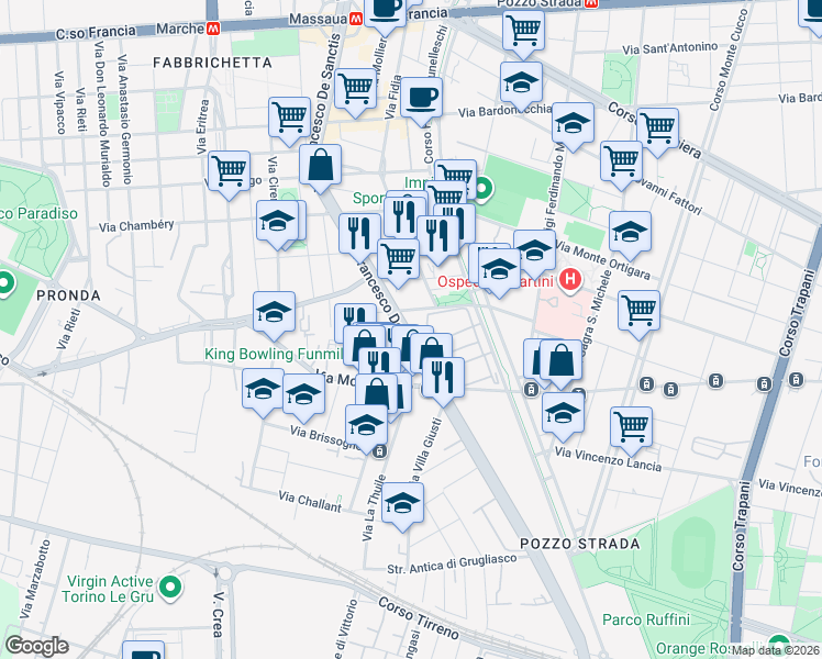 map of restaurants, bars, coffee shops, grocery stores, and more near 117/A Via Francesco De Sanctis in Torino