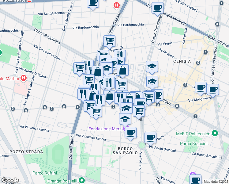 map of restaurants, bars, coffee shops, grocery stores, and more near 19b Via Issiglio in Torino