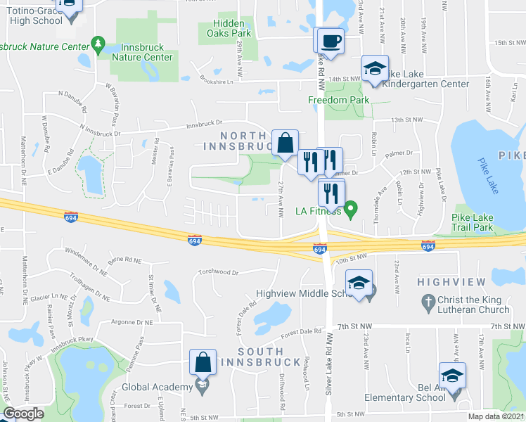 map of restaurants, bars, coffee shops, grocery stores, and more near 2746 Lindsey Court in New Brighton