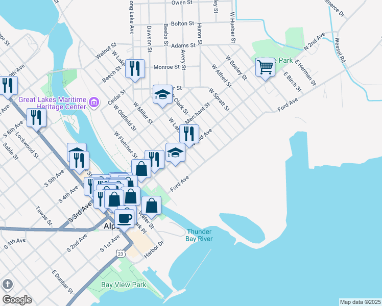 map of restaurants, bars, coffee shops, grocery stores, and more near 710 North 2nd Avenue in Alpena