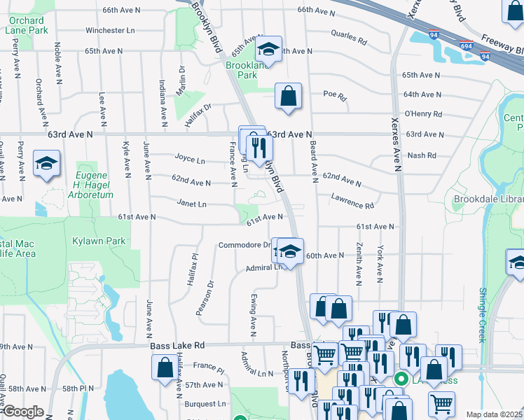 map of restaurants, bars, coffee shops, grocery stores, and more near 6107 Brooklyn Boulevard in Minneapolis