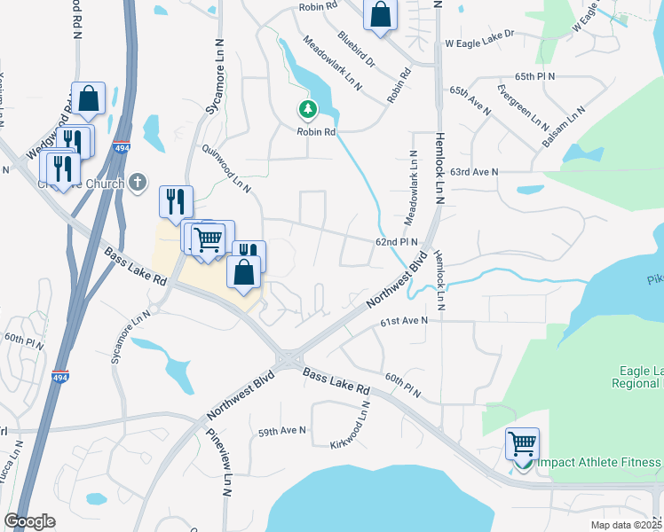 map of restaurants, bars, coffee shops, grocery stores, and more near 6207 Larch Lane North in Maple Grove