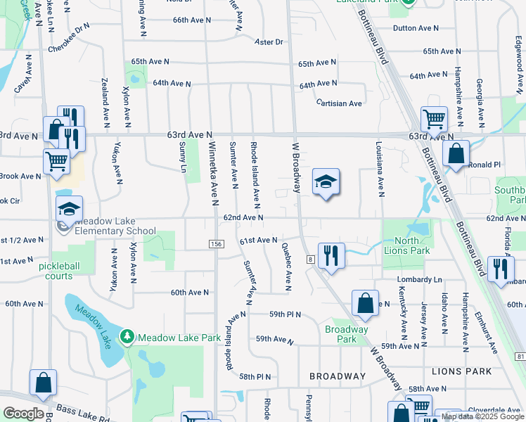 map of restaurants, bars, coffee shops, grocery stores, and more near 6200 Rhode Island Avenue North in Minneapolis