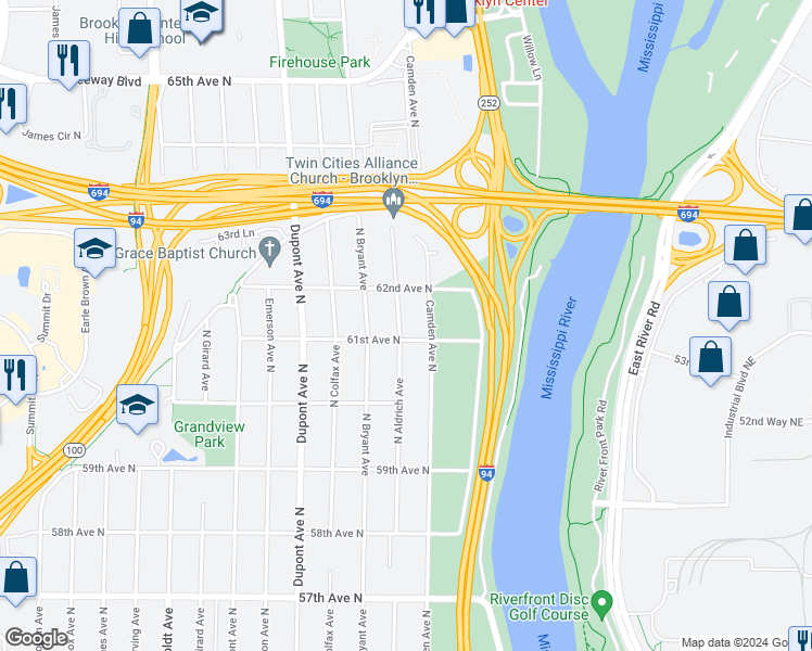 map of restaurants, bars, coffee shops, grocery stores, and more near 6106 Aldrich Avenue North in Minneapolis