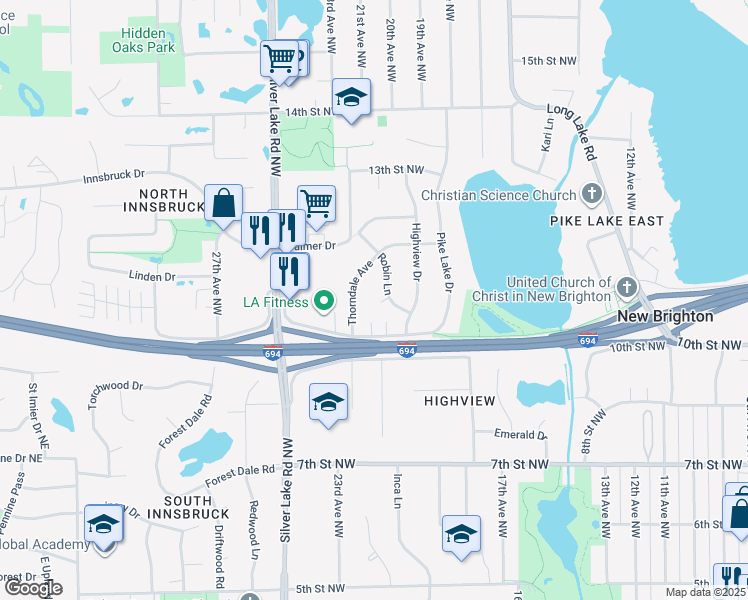 map of restaurants, bars, coffee shops, grocery stores, and more near 1010 Robin Court in New Brighton