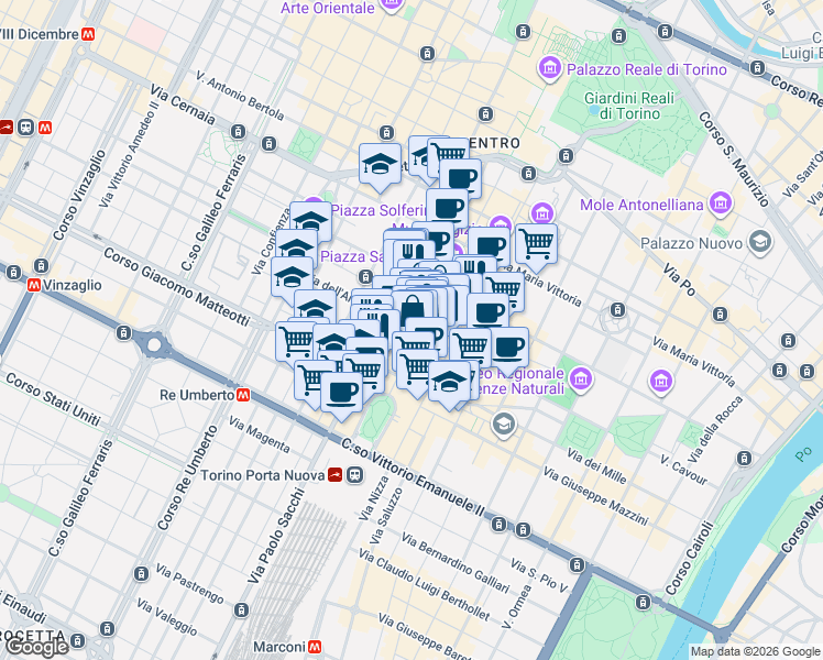 map of restaurants, bars, coffee shops, grocery stores, and more near 287 Via Roma in Torino