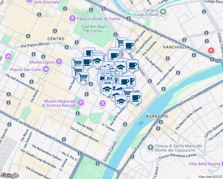 map of restaurants, bars, coffee shops, grocery stores, and more near 46E Via Principe Amedeo in Torino