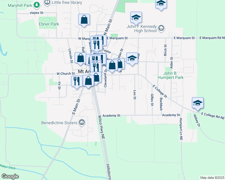 map of restaurants, bars, coffee shops, grocery stores, and more near 110 Sheridan Street in Mount Angel