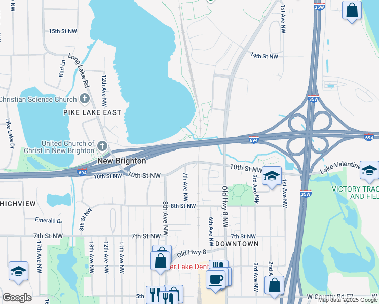 map of restaurants, bars, coffee shops, grocery stores, and more near 650 10th Street Northwest in New Brighton