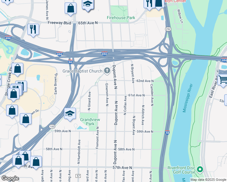 map of restaurants, bars, coffee shops, grocery stores, and more near 6107 North Dupont Avenue in Minneapolis