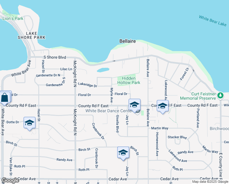 map of restaurants, bars, coffee shops, grocery stores, and more near 130 Myrle Avenue in White Bear Lake
