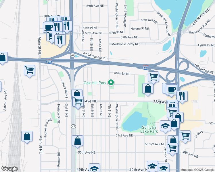 map of restaurants, bars, coffee shops, grocery stores, and more near 5390 7th Street Northeast in Fridley