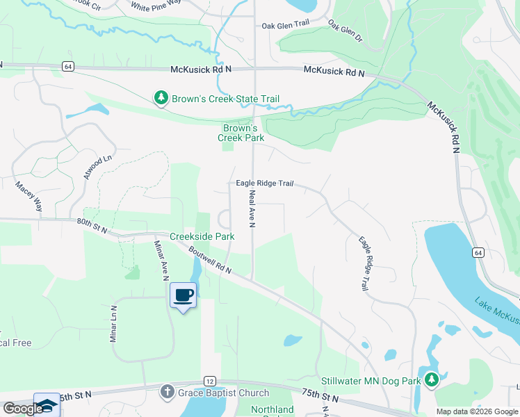 map of restaurants, bars, coffee shops, grocery stores, and more near 2315 Walnut Creek Drive West in Stillwater