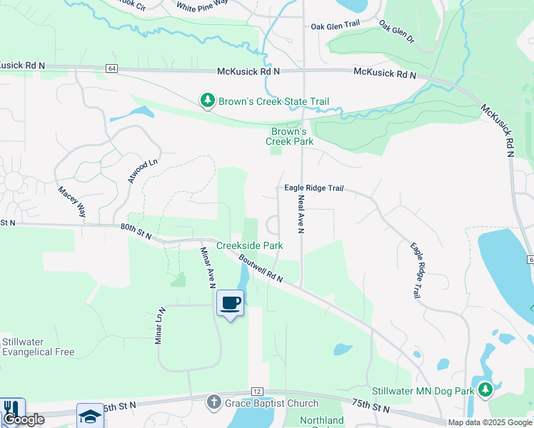 map of restaurants, bars, coffee shops, grocery stores, and more near 1134 Creekside Circle in Stillwater