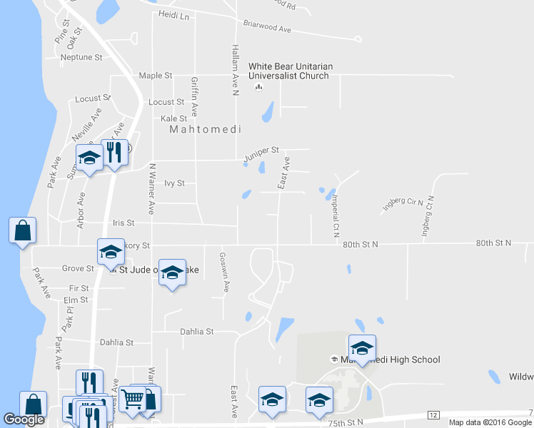 map of restaurants, bars, coffee shops, grocery stores, and more near Cottage Drive in Stillwater